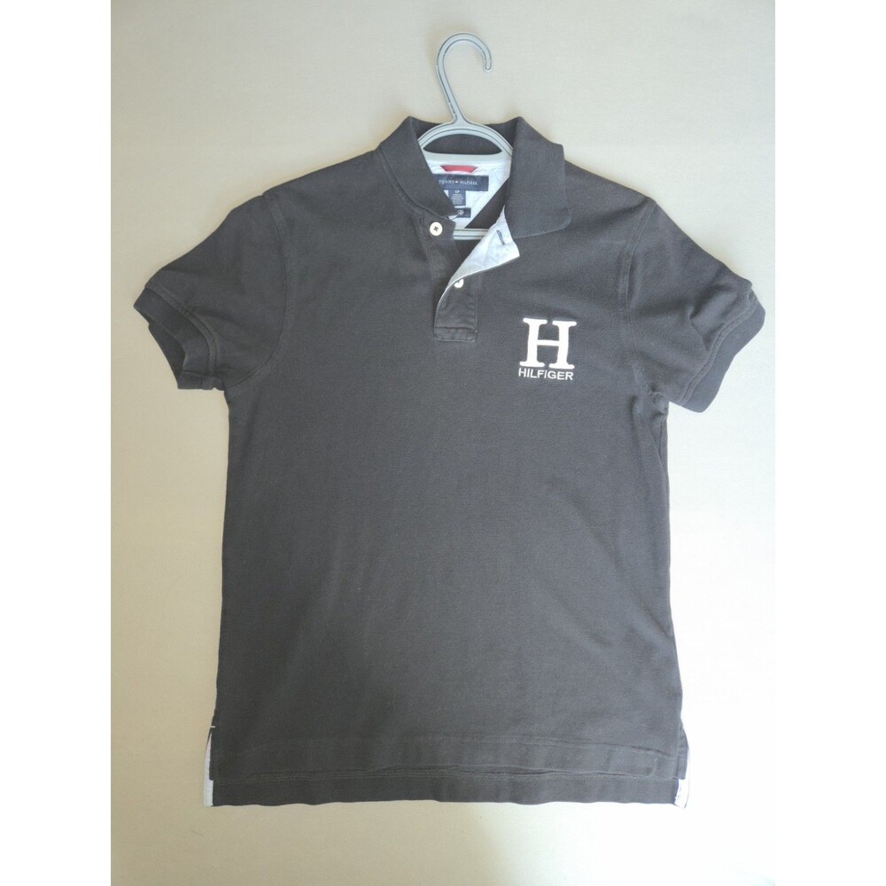 Tommy Hilfiger Men's Slim Fit Polo Shirt Black Size S Big Logo Short Sleeve